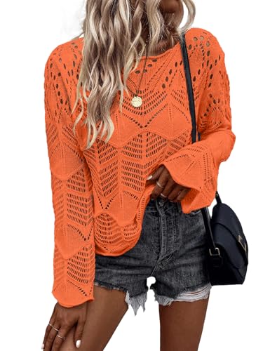 Allimy Damen-Pullover, langärmelig, gehäkelt, Rundhalsausschnitt, Pointelle, Strickpullover, Orange/Abendrot im Zickzackmuster (Sunset Chevron), X-Groß von Allimy