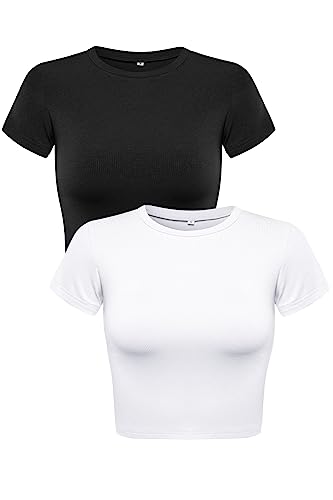 Allimy Damen Sommer Kurzarm Slim Fitted T-Shirt Rundhals Gerippt Crop Tops, 2er-Pack, Weiß / Schwarz, Mittel von Allimy