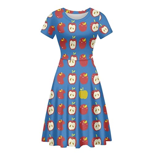 Allinterest Kleider für Frauen Bunte Druck Kurzarm Rundhals T-Shirt Kleid Fit Frühling Sommer, Rot Gelb Apfel Muster Blau, Groß von Allinterest
