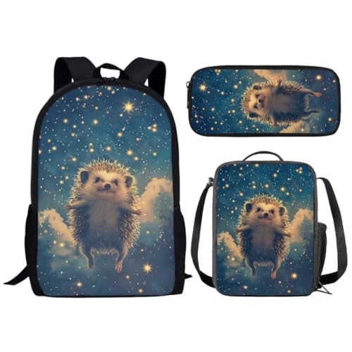 Allinterest Schulrucksack für Jungen und Mädchen, mit Lunchbox, Federmäppchen, 3-in-1, Tier-Büchertaschen-Set, Galaxie-Igel, 11in x 5.1in x 17.3in von Allinterest