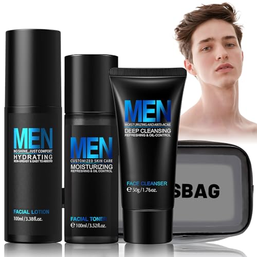 Feuchtigkeitscreme Gesicht Männer, Pflegeset Männer Skin Care Set, Gesichtscreme + Toner Gesicht + Gesichtspeeling Mann + Kosmetiktasche Durchsichtig ölkontrolle und Feuchtigkeitsversorgung von AllisWay