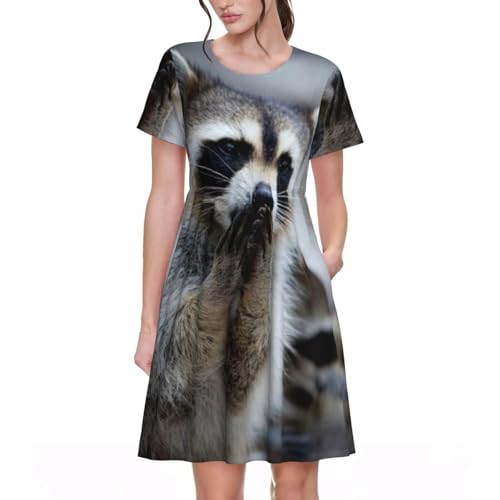 ALLiYa Süßes Waschbär Damen Kurzarm Kleid Sommer Mode Büro Alltag Arbeit Essentials Perfekt mit, Schwarz , M von Alliya