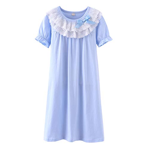 Allmeingeld Kinder Mädchen Süße Nachthemden Spitze Schlafhemden 100% Baumwolle Loungewear Kurzarm Blau 6t von Allmeingeld