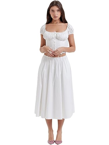 2-Teiliges Set Aus Kurzem, Bauchfreiem Top Und Rock Mit Kordelzug Für Damen Und Sommerkleid Mit Taschenfutter White M von Alloaone