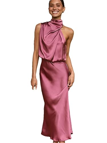 Alloaone Ärmelloses Damenkleid Aus Seide, Knöchellange Sommerkleider Red S von Alloaone