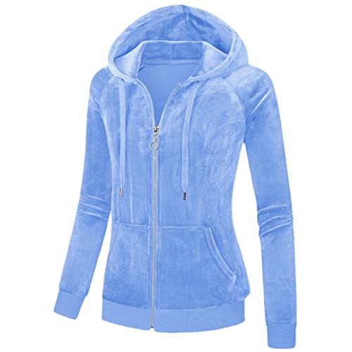 Alloaone Damen Fleece Hoodie Jacke Reißverschluss Warm Langarm Casual Pullover mit Tasche, hellblau, 38 von Alloaone