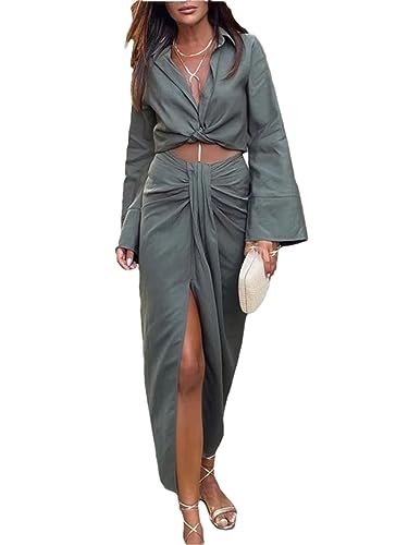 Damen-Set Mit Gerafftem Maxirock Und Hohem Schlitz, Ärmeloberteil Und Lässigem, Lockerem Anzug, Zweiteilige Sets A S von Alloaone