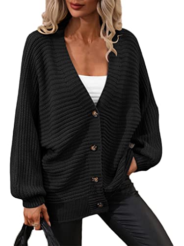 Alloaone Damen Strickjacke Lose Pullover Mantel Button Down Langarm Grob Casual Outwear, Schwarz , L von Alloaone