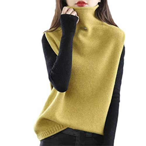 Alloaone Damen Wolle Rollkragenpullover Strickweste Frühling und Herbst Strick Lose Ärmellose Weste, gelb, S von Alloaone