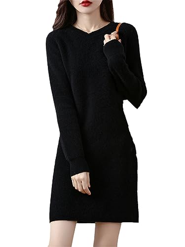 Alloaone Damen Wollpullover O-Ausschnitt Strickkleid Herbst Lässiges Midikleid von Alloaone