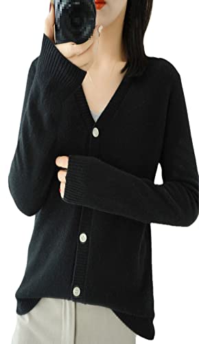 Alloaone Fall Cashmere Sweater Damen Cardigan Sweater Mantel V-Ausschnitt Kaschmir Cardigan, Schwarz , S von Alloaone