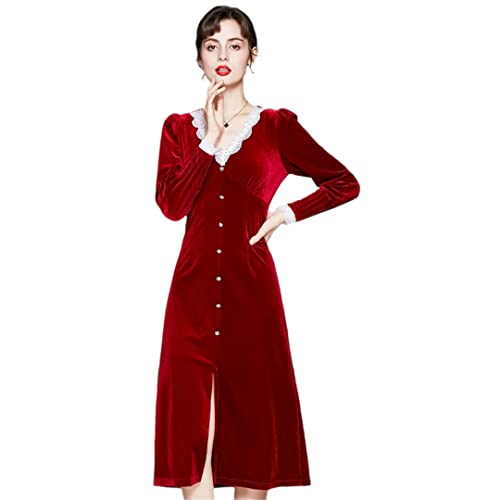 Alloaone Frauen Herbst Winter Rotes Samtkleid Lang Elegant V Ausschnitt Party Robe Vintage Red M von Alloaone