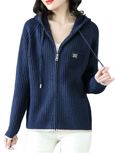 Alloaone Frauen-Strickmantel Mit Kapuze Und Langen Ärmeln Und Reißverschluss von Alloaone