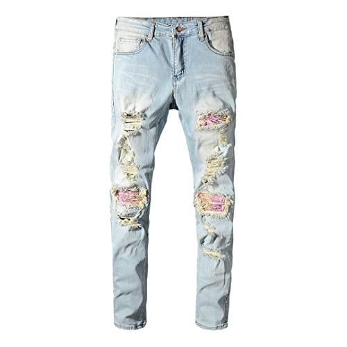 Alloaone Herren Biker Jeans Mit Patchwork Bandana Paisley Print Hellblaue Löcher Zerrissene Dünne Stretch Denim Hose Sky Blue 34 von Alloaone