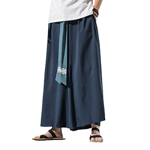 Alloaone Herren Hose mit weitem Bein Leinen Retro Hose Hanfu Hose männlich mit großem Schritt Robe Hose Navy Blue 3XL von Alloaone