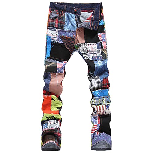 Alloaone Herren Patchwork Spliced Ripped Denim Jeans Male Slim Colored Patch Buttons Fly Straight Pants Multi 32 von Alloaone