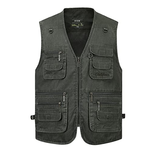 Alloaone Herren-Weste Aus Baumwolle Mit Mehreren Taschen Viele 14 Taschen Ärmellose Jacken Outdoor-Weste Army Green Vest 5XL von Alloaone