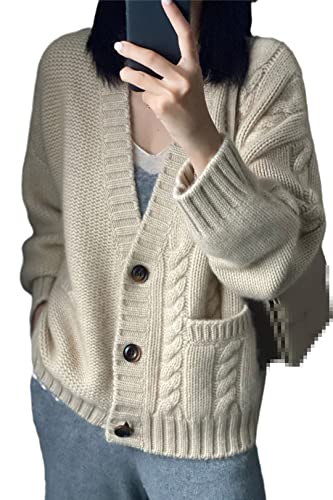 Alloaone Kaschmir Strickjacke Mode Dicker Lose Pullover Winter Damen Wolle V-Ausschnitt Große Größe Jacke, khaki, M von Alloaone