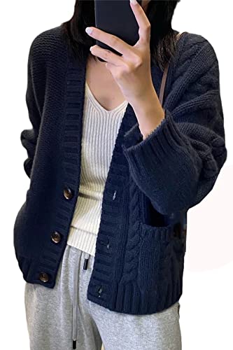 Alloaone Kaschmir Strickjacke Mode Dicker Lose Pullover Winter Damen Wolle V-Ausschnitt Große Größe Jacke, marineblau, L von Alloaone