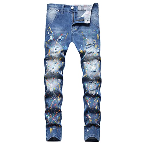 Alloaone Männer Bemalt Zerrissene Denim Jeans Streetwear Löcher Distressed Baumwollhosen Plus Größe Schlanke Gerade Hosen Blue 34 von Alloaone