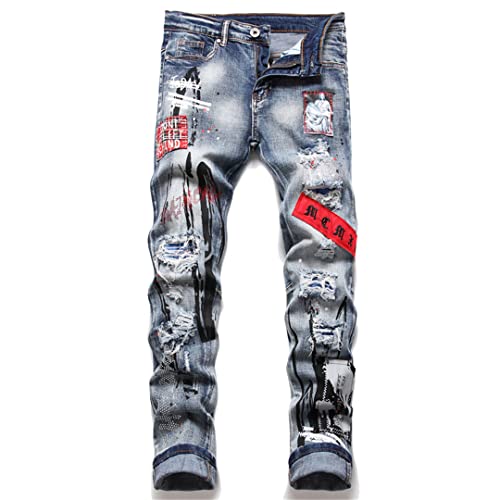 Alloaone Männer Crystal Ripped Jeans Streetwear Patch Holes Distressed Stretch Denim Hosen Blue 34 von Alloaone
