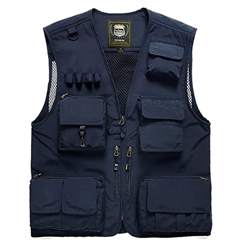 Alloaone Männer Multi-Pocket Sommer Dünne Weste Ärmellose Jacken Entladen Fotograf Westen Deep Blue Vest XL von Alloaone