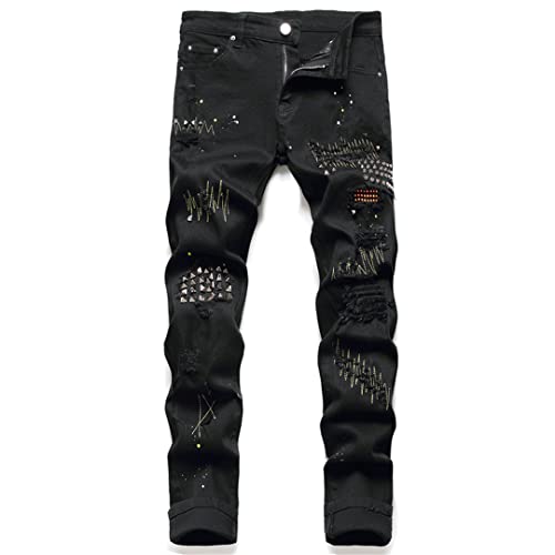 Alloaone Männer Niet Kristall Stretch Jeans Streetwear Punk Gemalt Löcher Patchwork Zerrissene Denim Hosen Dünne Gerade Hosen Black 38 von Alloaone