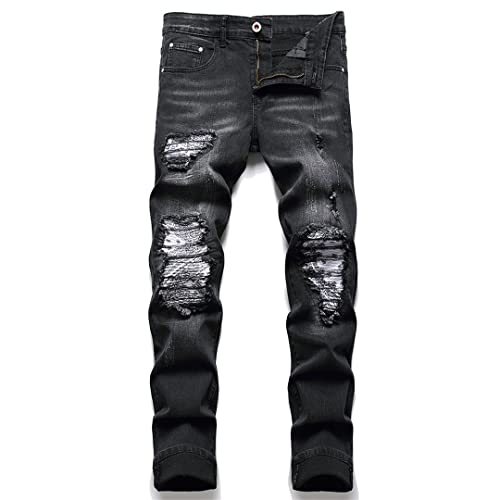 Alloaone Männer Paisley Bandana Print Patch Jeans Streetwear Patchwork Löcher Ripped Stretch Denim Hosen Dünne Gerade Biker Hosen Black 28 von Alloaone