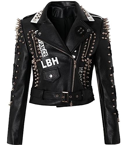 Alloaone Straße Frühling Punk Stil Rock Jacke Druck Niet Kurze PU Leder Jacke Frauen Große Größe Oberbekleidung 12 S von Alloaone