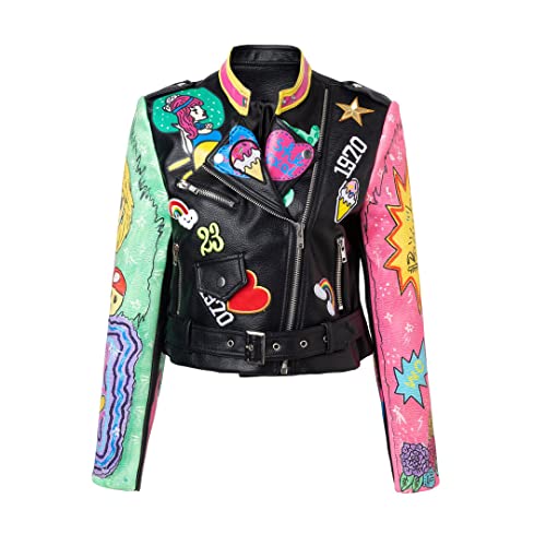 Alloaone Straße Frühling Punk Stil Rock Jacke Druck Niet Kurze PU Leder Jacke Frauen Große Größe Oberbekleidung 24 XXL von Alloaone
