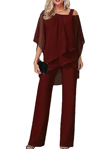 Alloaone Zweiteilige Damen-Sets, Schulterfreies Oberteil + Gerade Hose, Halbe Ärmel, Chiffon-Anzug A H L von Alloaone