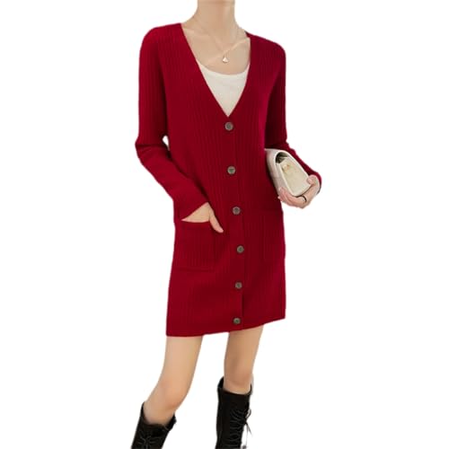 Damen Kleiderpullover Aus 100% Wolle Und Kaschmir Schmale Passform Gestrickter Cardigan Mit V Ausschnitt Solides Langes Kleid Aus Wolle Wine red XL von Alloaone