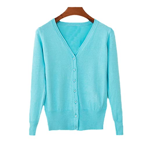 Damen Mantel Tops Strick Langarm V-Ausschnitt Einfarbig Lose Größe Lässige Strickjacke, seeblau, L von Alloaone