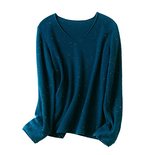 Herbst Winter Weiche V-Ausschnitt Wolle Pullover Damen Pullover Locker Tragen Basic Strickoberteil, dunkelblau, L von Alloaone