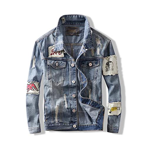 Herren Jacke Blaue Farbe Retro Gewaschene Patchwork Hip Hop Jacke Destroyed Zerrissene Jeansjacke Blue XXL Herren Jacke Blaue Farbe Retro Gewaschene Patchwork Hip Hop Jacke Destroyed Zerrissene Jeansjacke Blue XXL von Alloaone