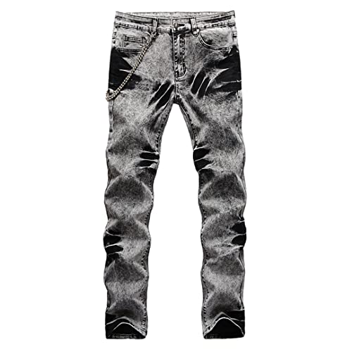 Herren Tie and Dyed Snows Washed Grey Black Jeans Mit Kette Streetwear Hip Hop Slim Straight Denim Hose Dark Grey 38 von Alloaone