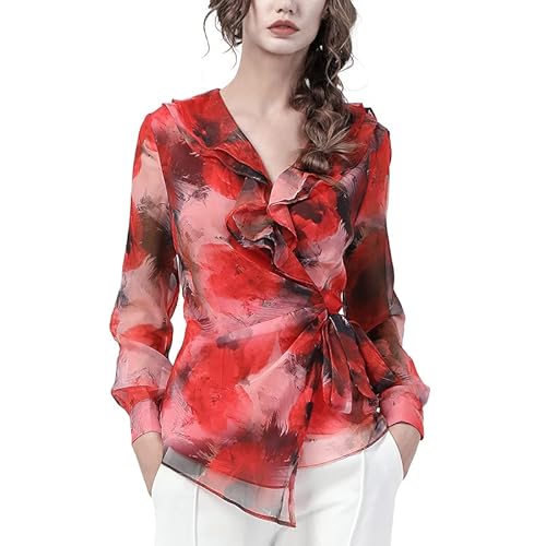 Rotes Chiffon Schnürhemd Für Damen Langärmelig V Ausschnitt Rüschen Tops Elegante Schlanke Bedruckte Tunika Blusen Red L von Alloaone