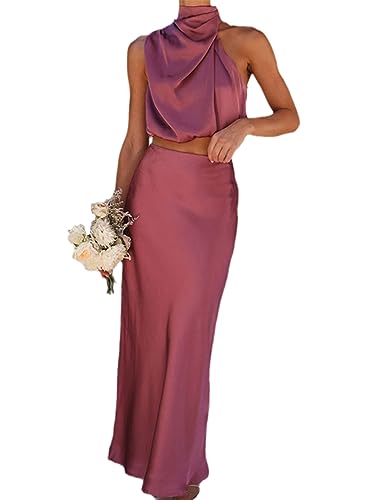 Zweiteilige Röcke-Sets Für Damen, Seide, Plissierter Kragen, Ärmelloses Oberteil, Knöchellanges Röcke-Set A F M von Alloaone