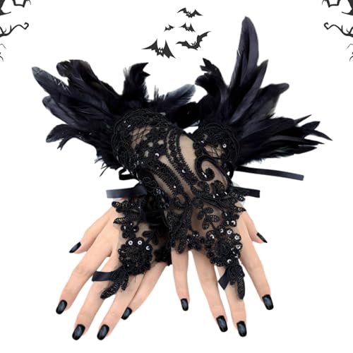 Allony Damen Schwarz Feder Spitze Fingerlose Lange Handschuhe, Spitzenhandschuhe Schwarz, Handschuhe Halloween Damen Kostüm Party Damen Karneval Oper Cosplay Zubehör von Allony