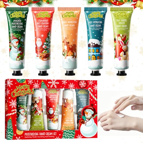 Allony Handcreme Mini Weihnachten, 5 * 30g Handcreme Set Weihnachten, Handcreme Set Mini, Weihnachtshandcreme Handcreme für Sehr Trockene Hände, Kleine Weihnachtsgeschenke Familie und Freunde von Allony