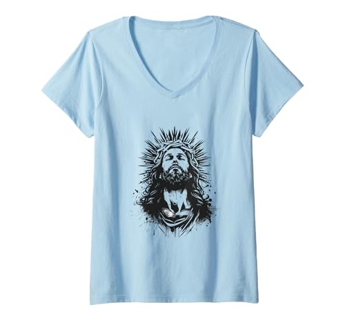 Damen Jesus Vibe T-Shirt mit V-Ausschnitt Damen Jesus Vibe T-Shirt mit V-Ausschnitt von Alloo