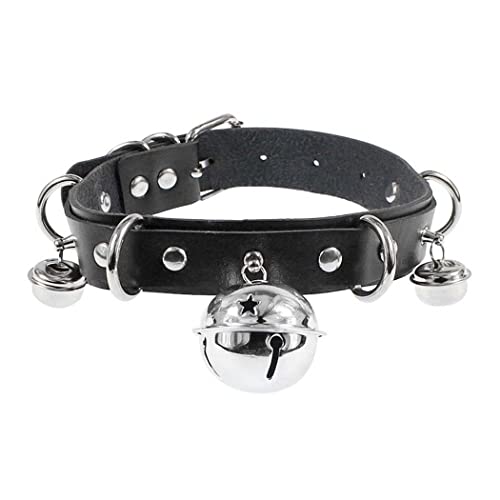 Borsgye Leder Choker Halskette Damen Gothic Punk Rock Halsband PU Leder Choker Kette Einstellbar Band Kragen Breit Verstellbar Halskette - Glocke Halsband AW Schwarz von Borsgye