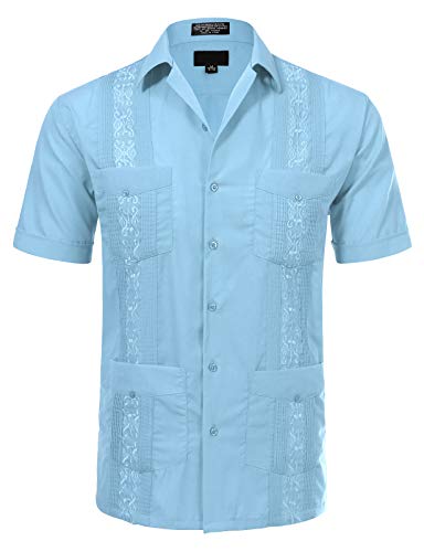 Allsense Herren Kurzärmliges Cuban Guayabera Shirts - Blau - Mittel von Allsense