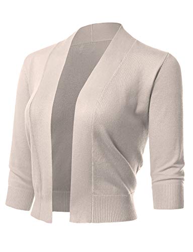 Damen 3/4-Ärmel vorne offen Cropped Bolero Cardigan Shrug Pullover, Elfenbein, Klein von Allsense