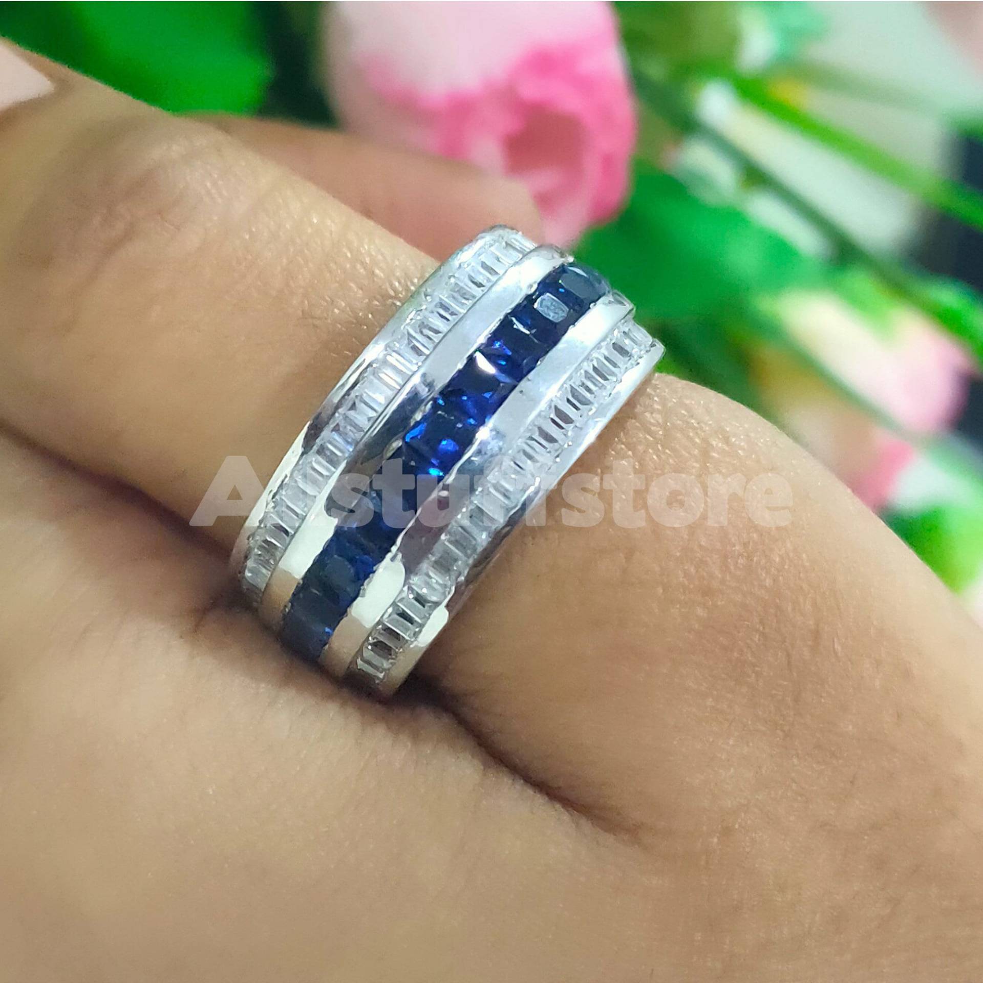 1, 50 Ct Blauer Saphirring Im Prinzessschliff, Ehering Für Herren, Verlobungsring, 925Er Sterlingsilber, Weißgold-Finish, Jubiläumsgeschenk Ihn von Allstuffstore