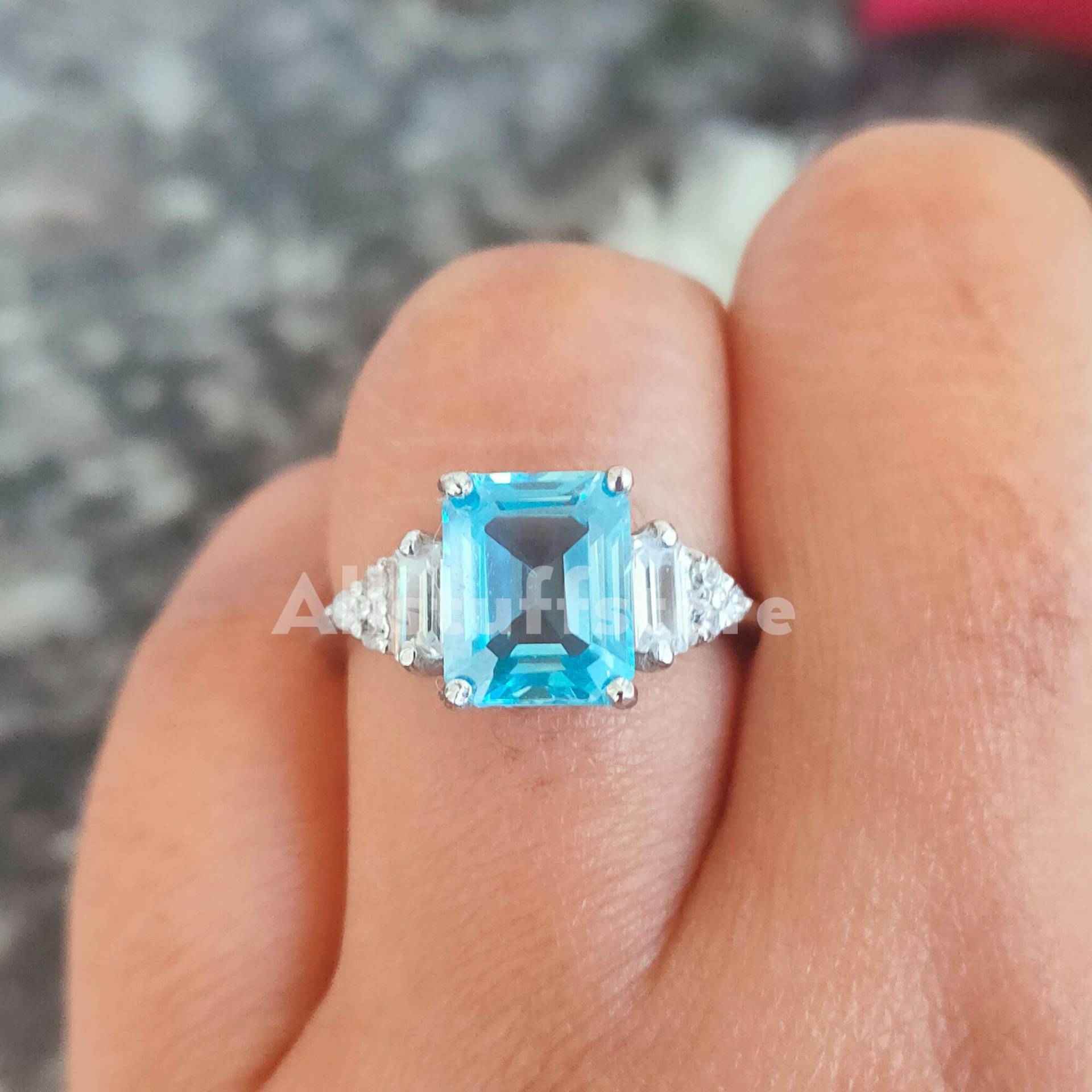 2, 50 Karat Blauer Aquamarin-Saphir Im Smaragdschliff, Solitär-Verlobungs-Ehering, Cocktail-Verlobungsring, Weißgold-Finish, Sterlingsilber von Allstuffstore