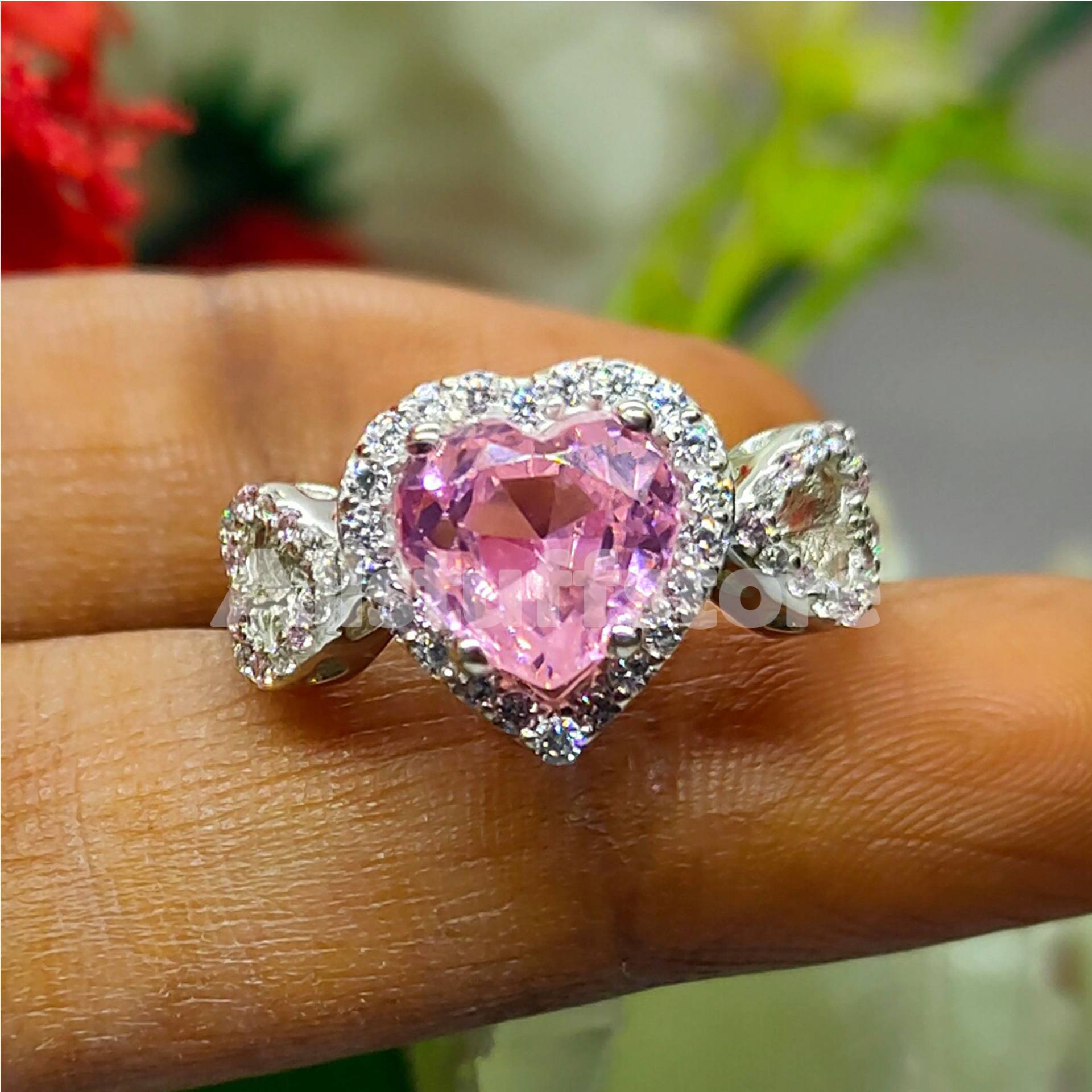 Wunderschöner 3 Karat Herzförmiger Rosa Saphir, Halo-Ehering, Verlobungsring, 925Er Sterlingsilber, Weißgold-Finish, Herzring, Versprechensring von Allstuffstore