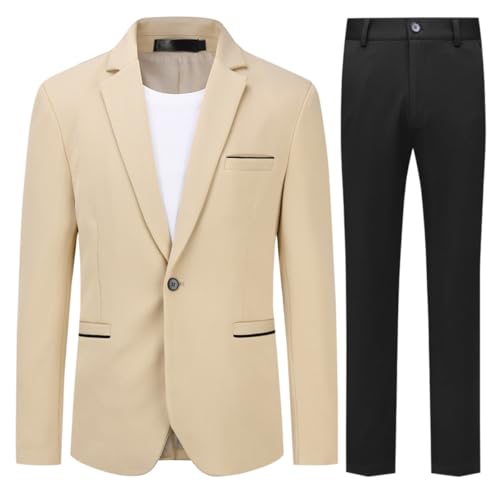Allthemen Herren Anzug Stretch 2 Teilig Herrenanzug Slim Fit Business Hochzeitsanzug 1 Knopf für Männer Khaki(schwarz Hose) XXL von Allthemen