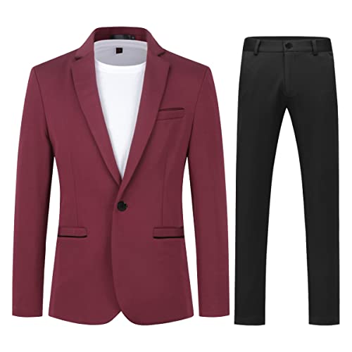 Allthemen Anzug Herren 2 Teilig Slim Fit Herrenanzug EIN Knopf Business Hochzeitanzug für Männer Weinrot(schwarz Hose) 3XL von Allthemen