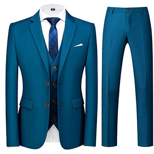 Allthemen Herren Anzug 3-teilig Slim Fit Einreihig Zwei Knöpfe Hochzeit Smoking Anzug Blazer Weste Hose Blau L von Allthemen